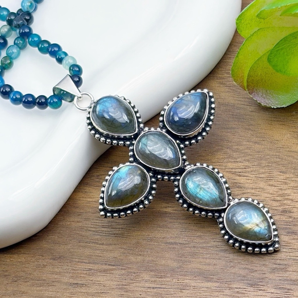 XL Flash Labradorite Cross Pendant Necklace Southwest Boho 925 Sterling Overlay - Picture 2 of 5